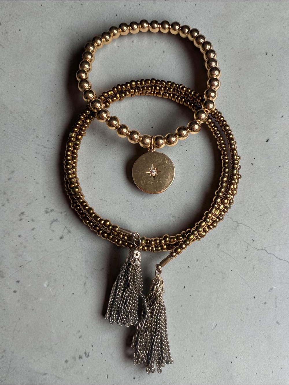 Gold Beaded Disc & Tassel Bracelet Set